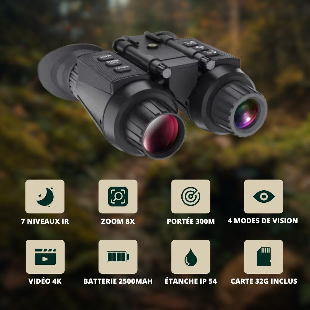 Jumelles Vision Nocturne Serre-Tête 4K, Zoom 8X, 300m, 4 modes de vision