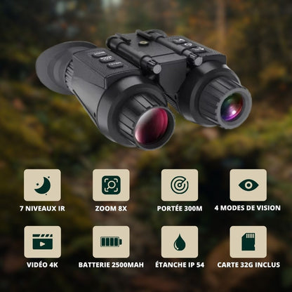 Jumelles Vision Nocturne Serre-Tête 4K, Zoom 8X, 300m, 4 modes de vision