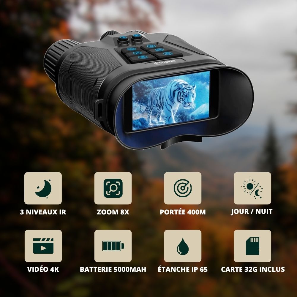 Jumelles Vision Nocturne 4K, Zoom 8X & Batterie Longue Durée, Waterproof
